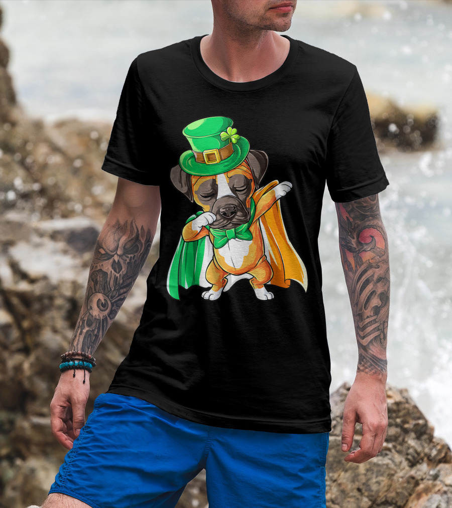 Dabbing Boxer Puppy St Patricks Day Leprechaun Costume Irish Flag T-Shirt