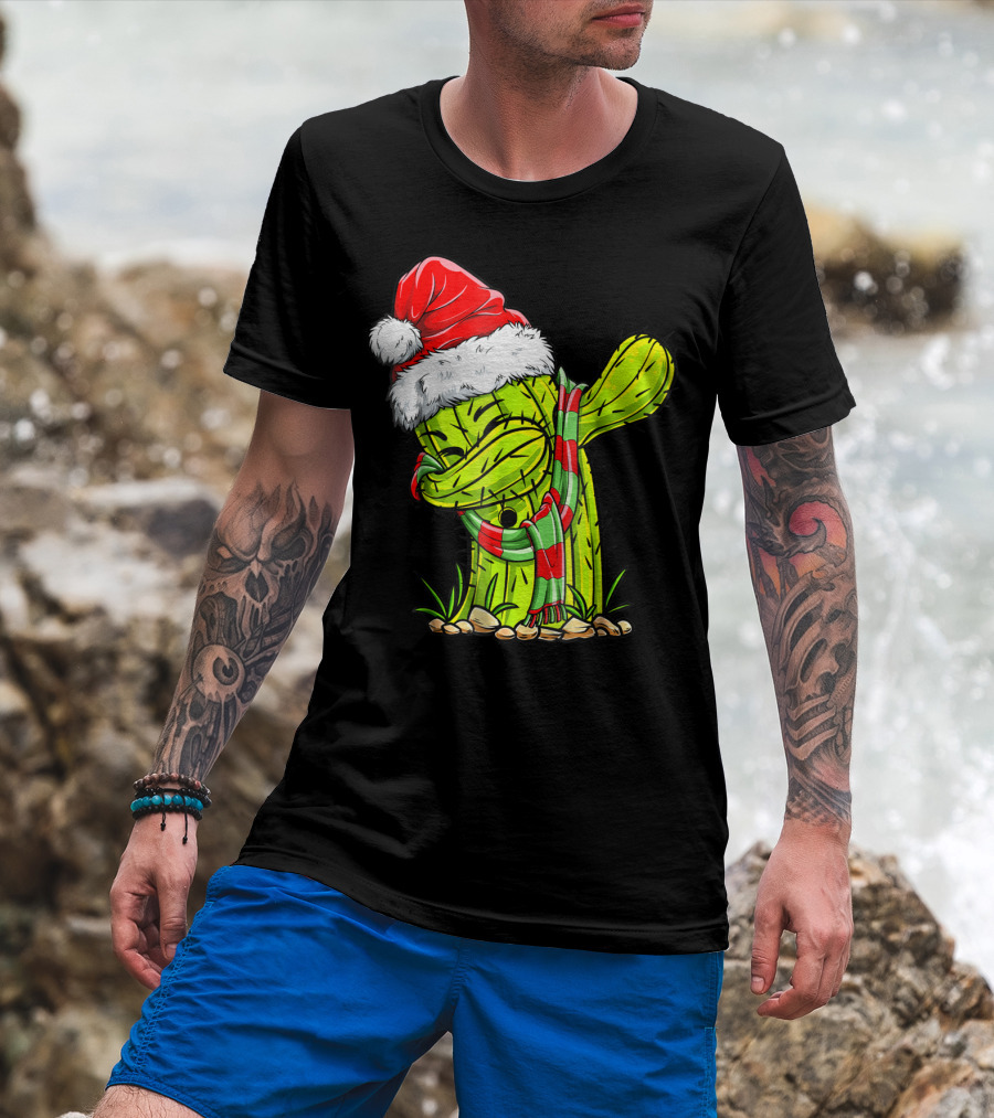 Dabbing Cactus Santa Christmas Hat And Scarf T-Shirt