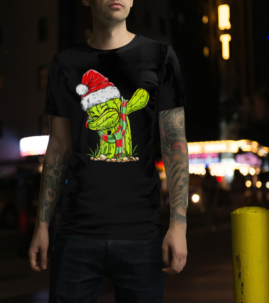 Dabbing Cactus Santa Christmas Hat And Scarf T-Shirt