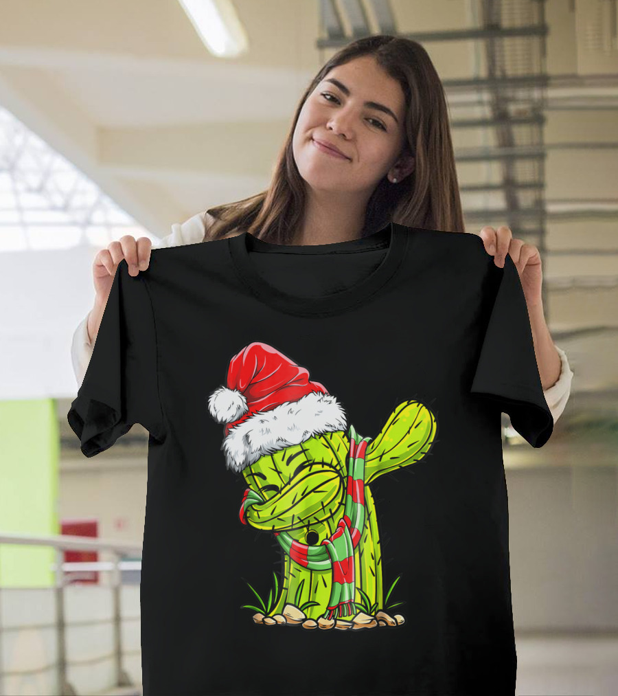 Dabbing Cactus Santa Christmas Hat And Scarf T-Shirt