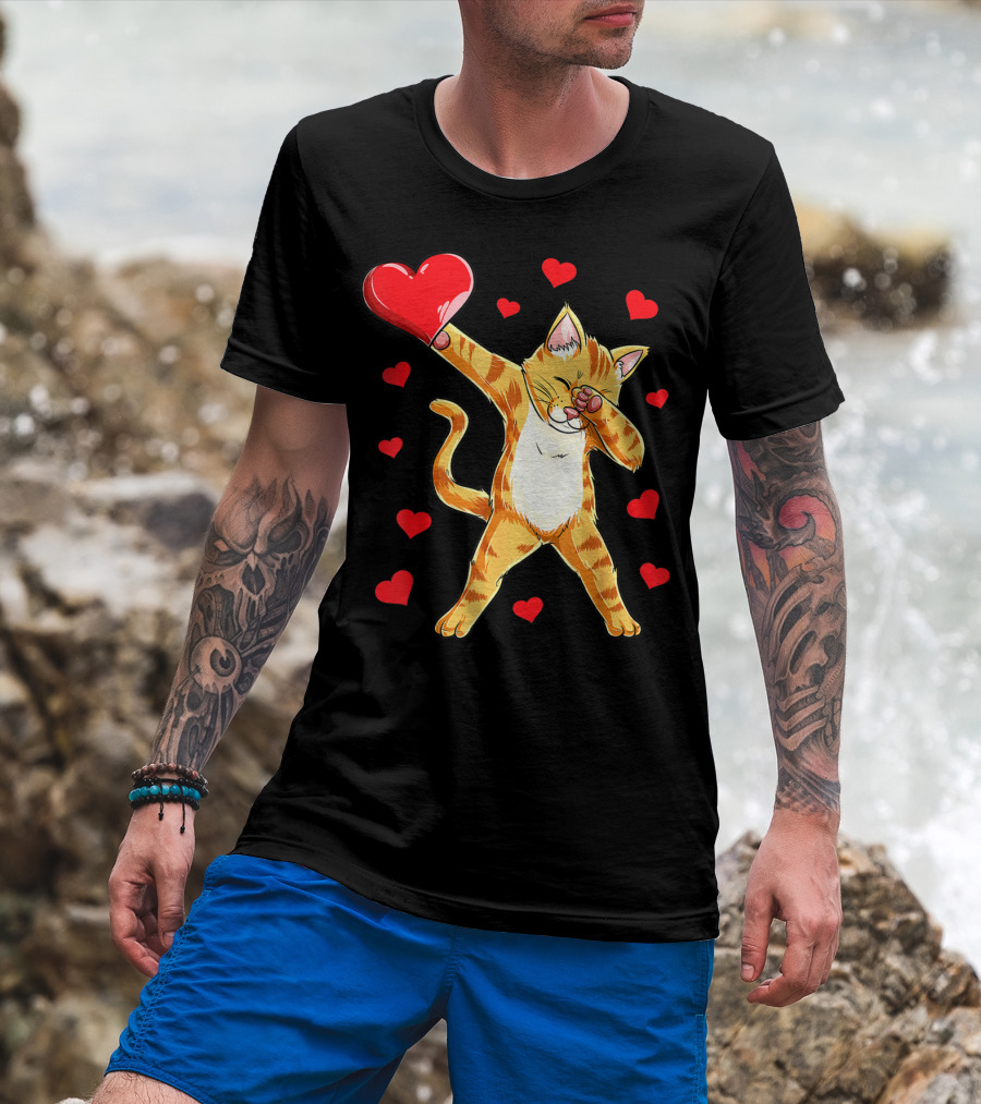 Cute Dabbing Cat With Hearts For Valentine's Day Kitten Lovers T-Shirt