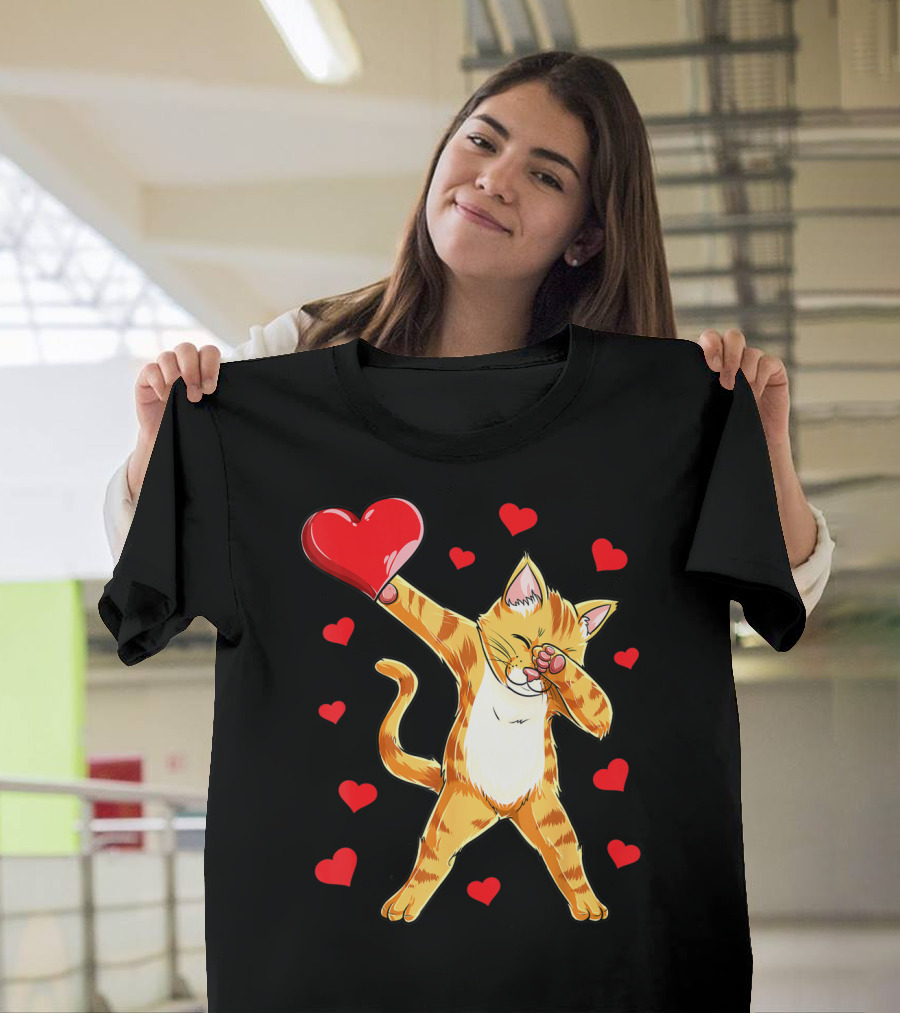 Cute Dabbing Cat With Hearts For Valentine's Day Kitten Lovers T-Shirt