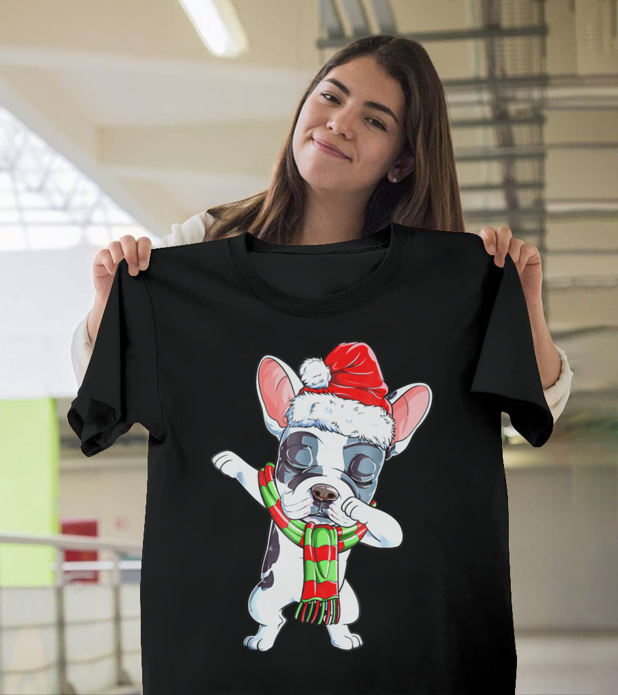 Dabbing French Bulldog Santa Christmas Scarf T-Shirt