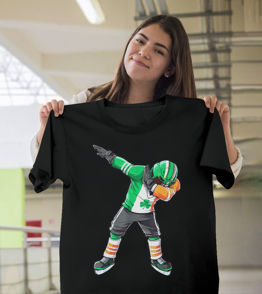St Patricks Day Ireland Flag Dabbing Hockey Player Irish Shamrock T-Shirt