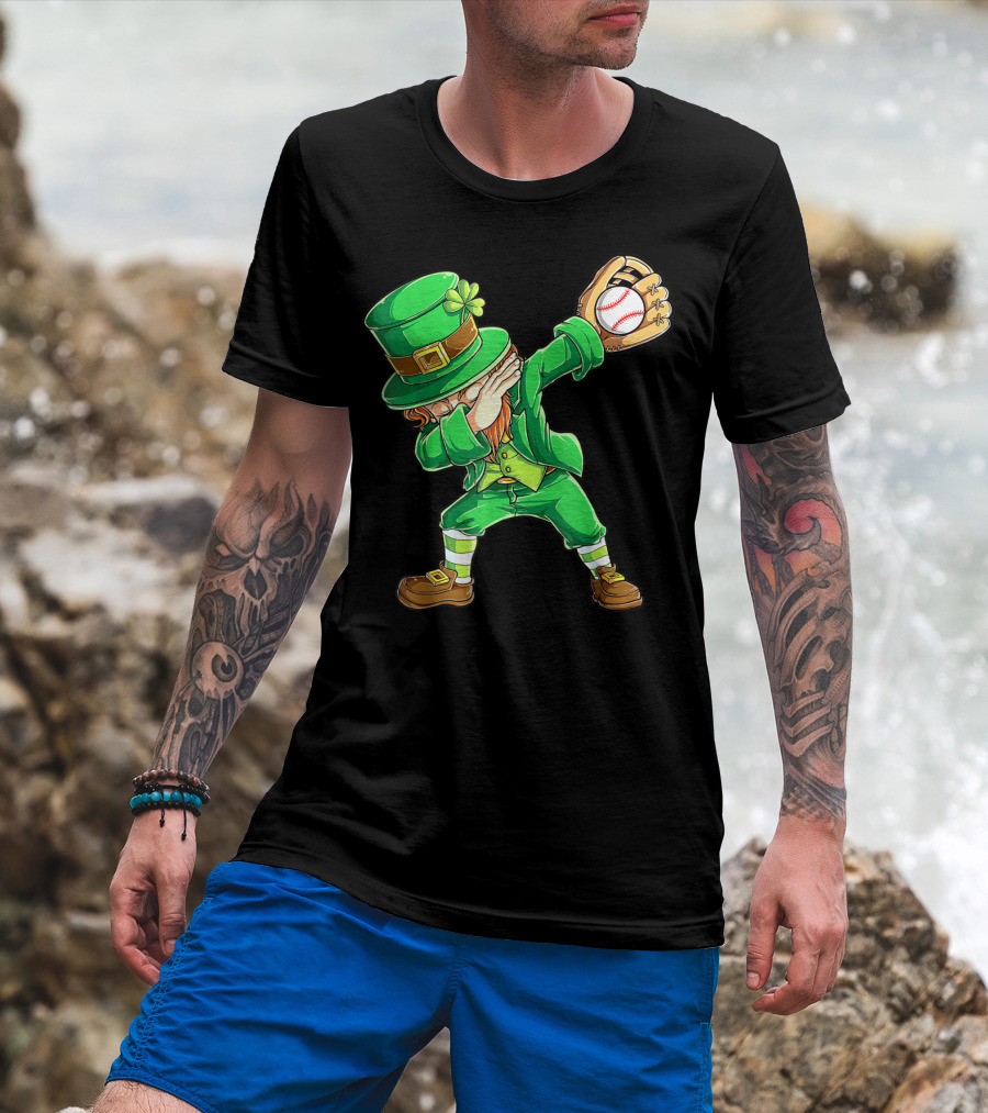 Dabbing Leprechaun Holding Baseball Glove T-Shirt