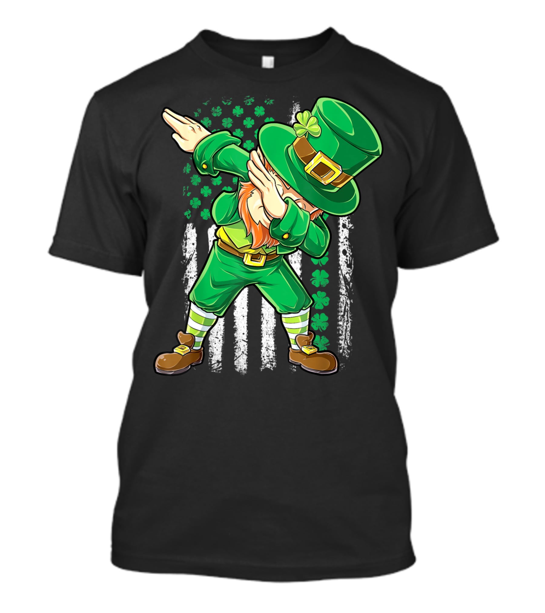 Dabbing Leprechaun With Irish American Flag Background And Shamrocks T-Shirt