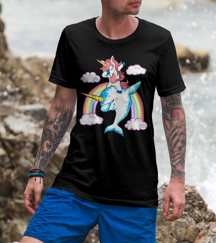 Dabbing Narwhal Unicorn Kids Rainbow Clouds Dab Squad T-Shirt