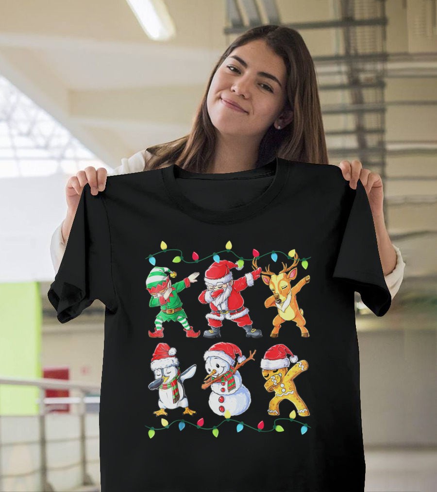 Santa Elf Reindeer Snowman Penguin Gingerbread Dabbing Friends T-Shirt