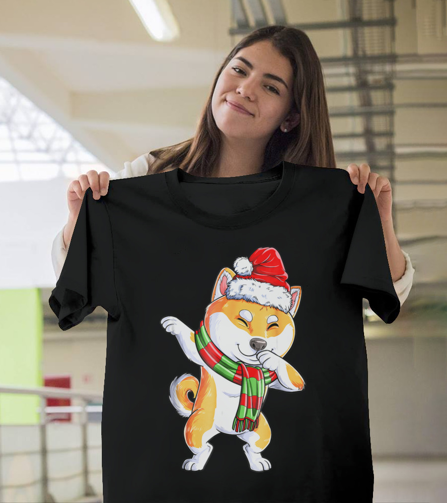 Dabbing Shiba Inu Santa Christmas Scarf Dance T-Shirt