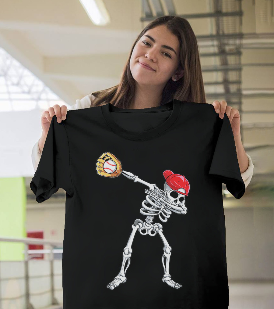 Dabbing Skeleton Baseball Halloween Boys Red Hat T-Shirt