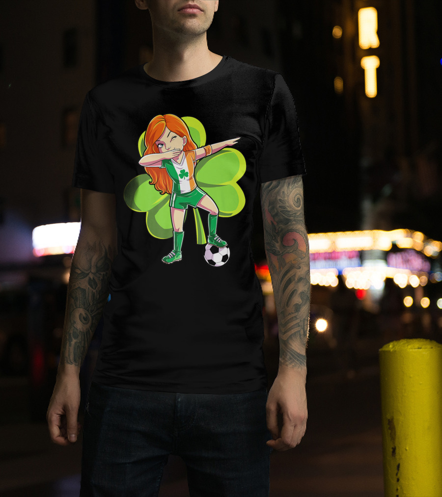 Dabbing Soccer Girl St Patricks Day Irish Shamrock T-Shirt