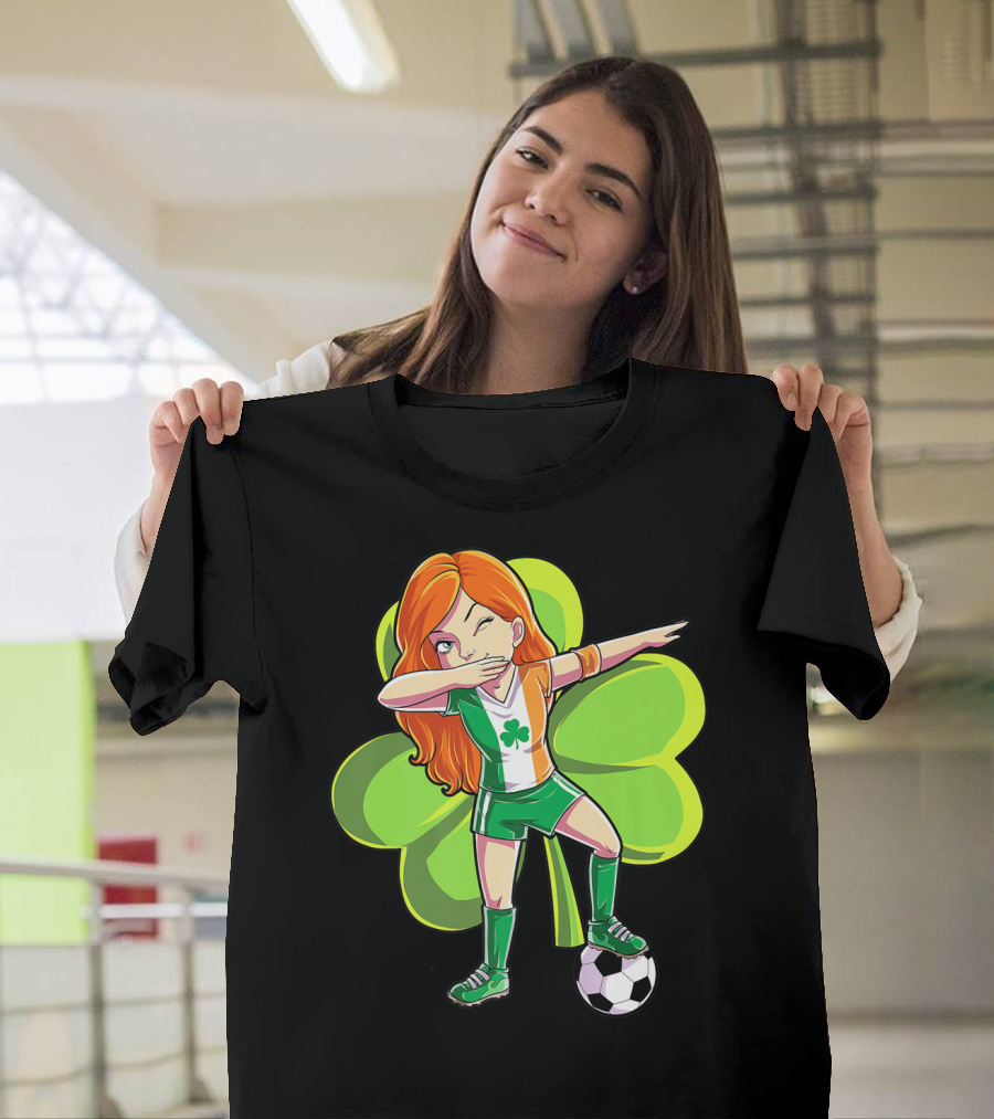 Dabbing Soccer Girl St Patricks Day Irish Shamrock T-Shirt