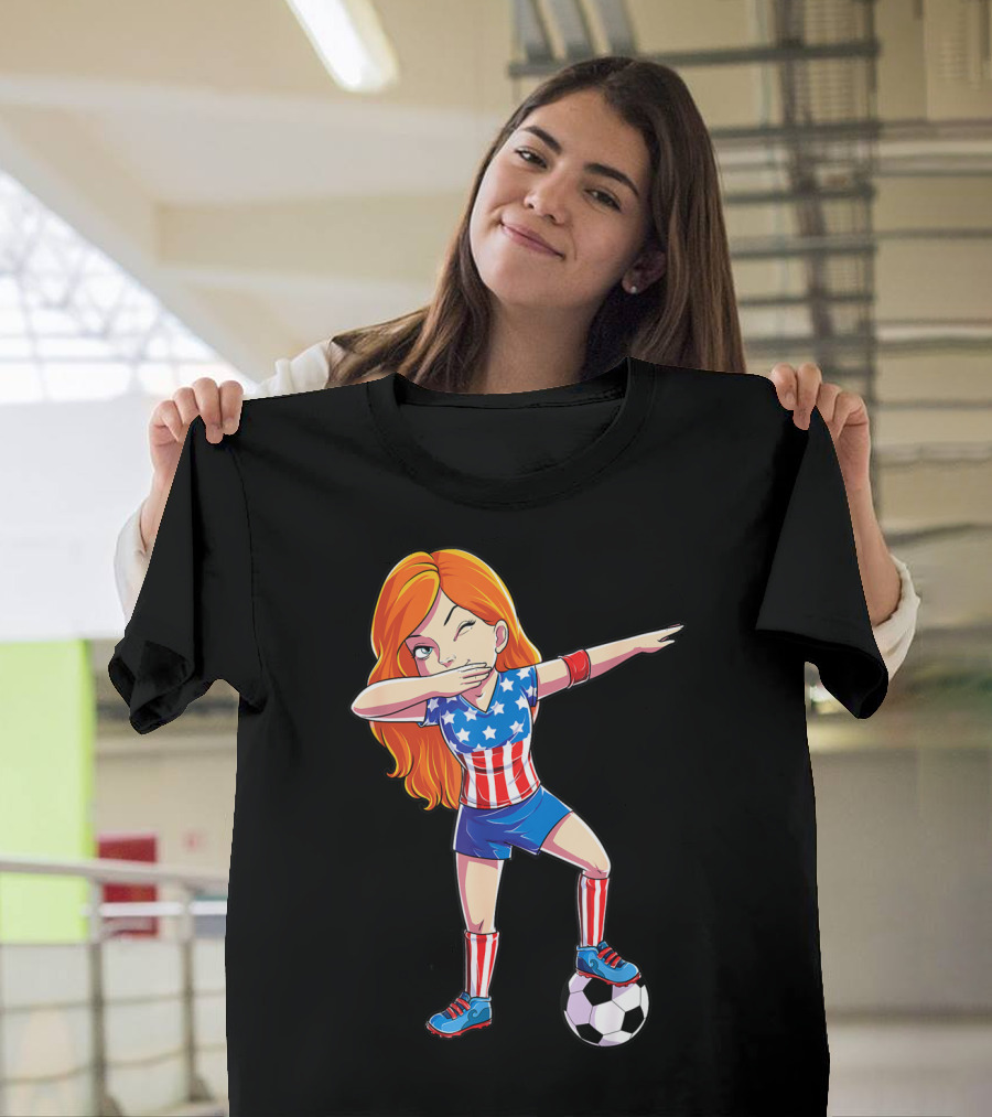 American Flag Dabbing Soccer Girl USA 4th of July T-Shirt