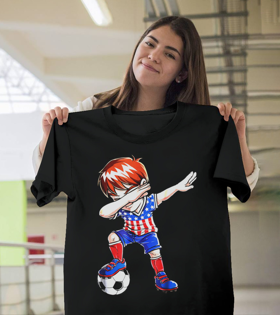Dabbing Soccer Kids 4th of July Merica USA Flag Football T-Shirt