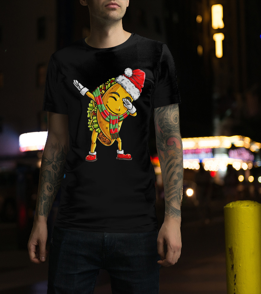 Dabbing Santa Taco With Christmas Hat And Scarf T-Shirt