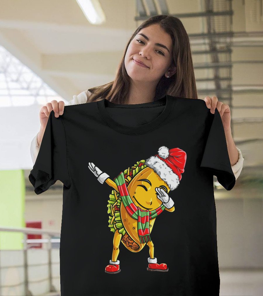 Dabbing Santa Taco With Christmas Hat And Scarf T-Shirt