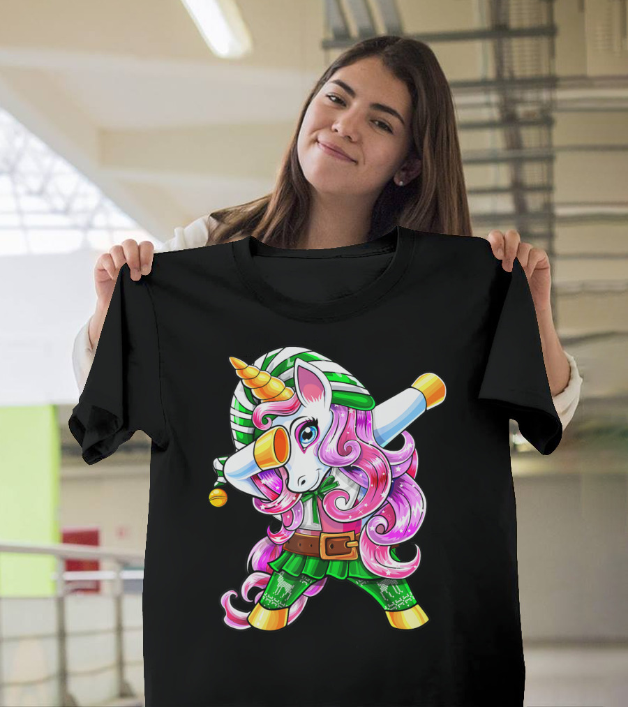 Dabbing Unicorn Christmas Elf Costume Unicorn Girls Pink Hair Green T-Shirt