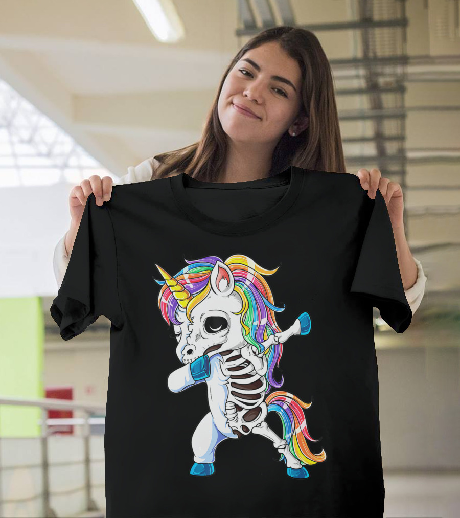 Dabbing Unicorn Skeleton Halloween Girls Dab Rainbow T-Shirt