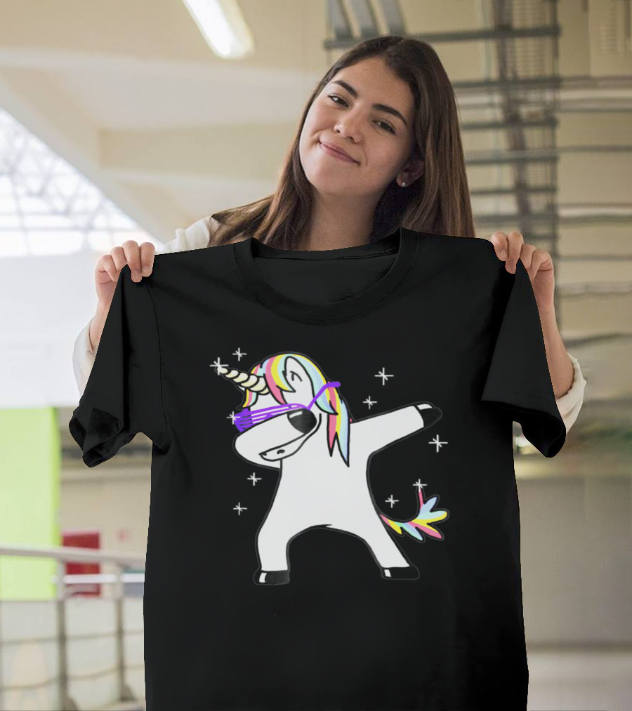 Dabbing Rainbow Unicorn with Sunglasses and Stars T-Shirt