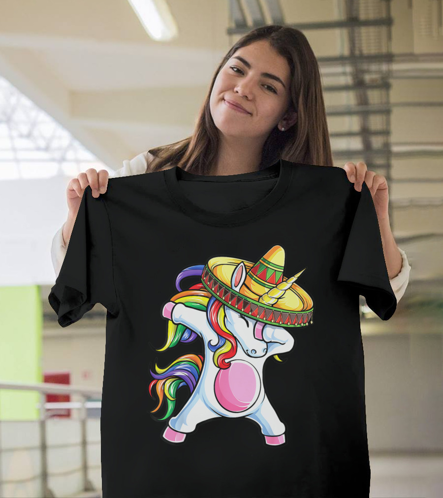 Dabbing Unicorn With Rainbow Hair And Sombrero Celebrating Cinco De Mayo T-Shirt