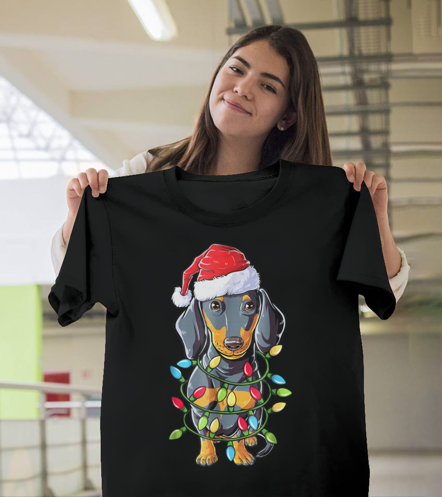 Dachshund Christmas Dog Wrapped in Santa Hat and Xmas Tree Lights T-Shirt