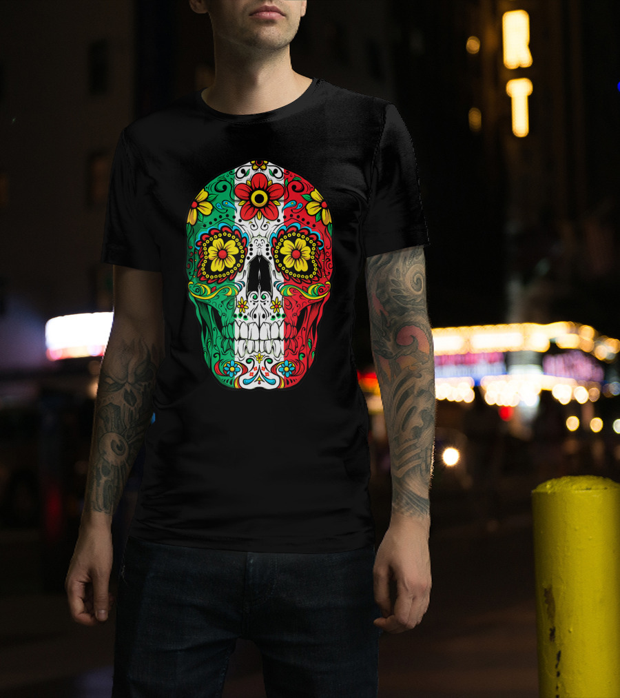 Day Of The Dead Sugar Skull Mexican Flag Flowers Colorful T-Shirt