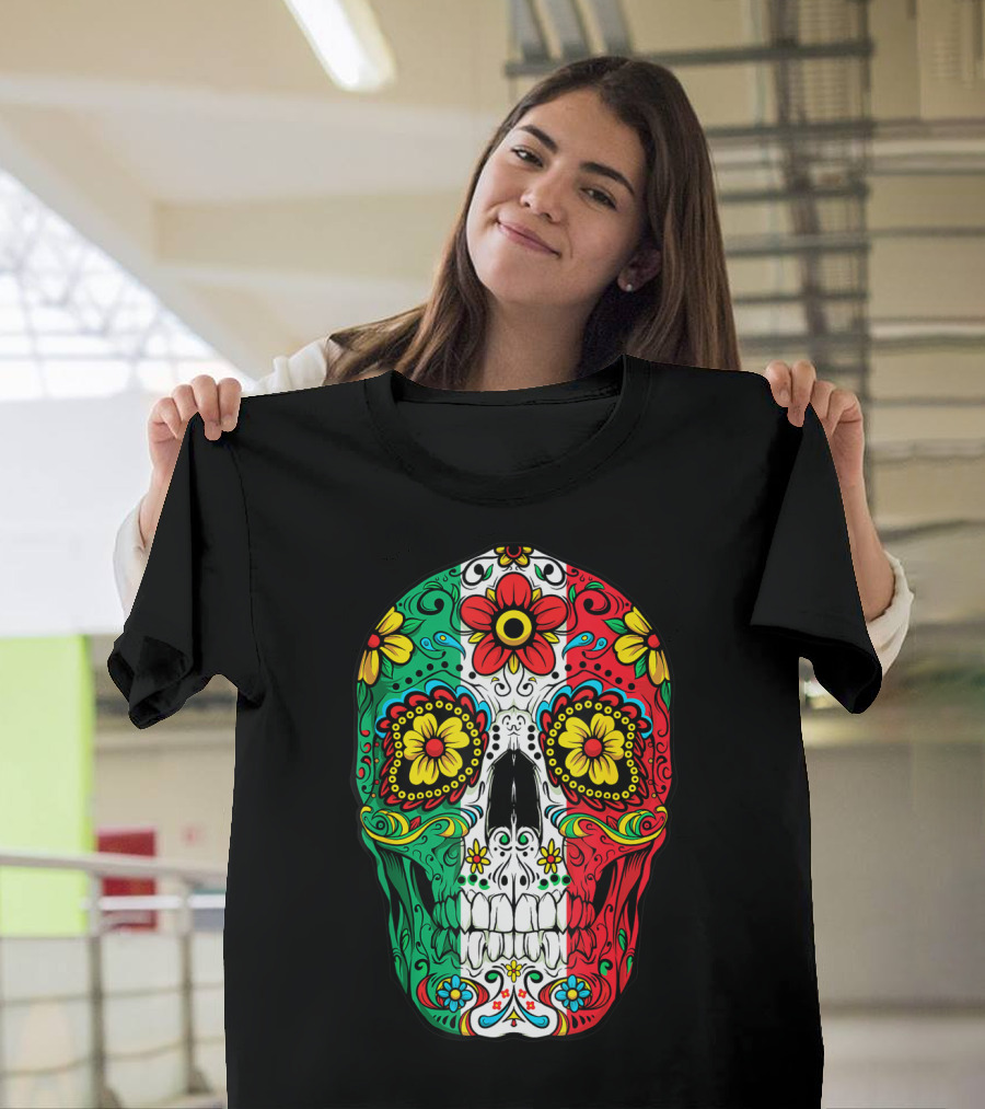 Day Of The Dead Sugar Skull Mexican Flag Flowers Colorful T-Shirt