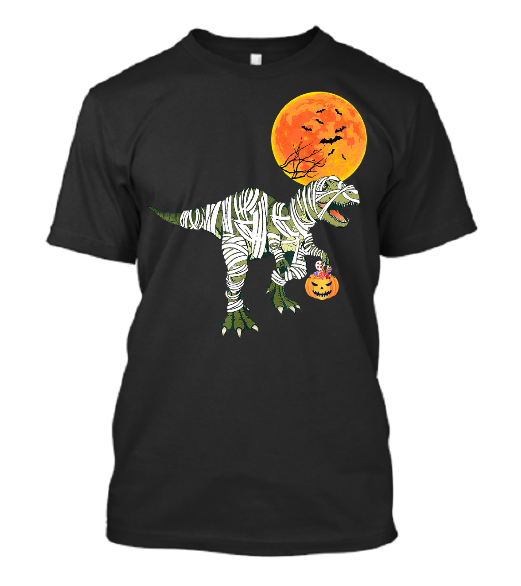 Dinosaur Halloween Mummy With Pumpkin And Full Moon Background T-Shirt