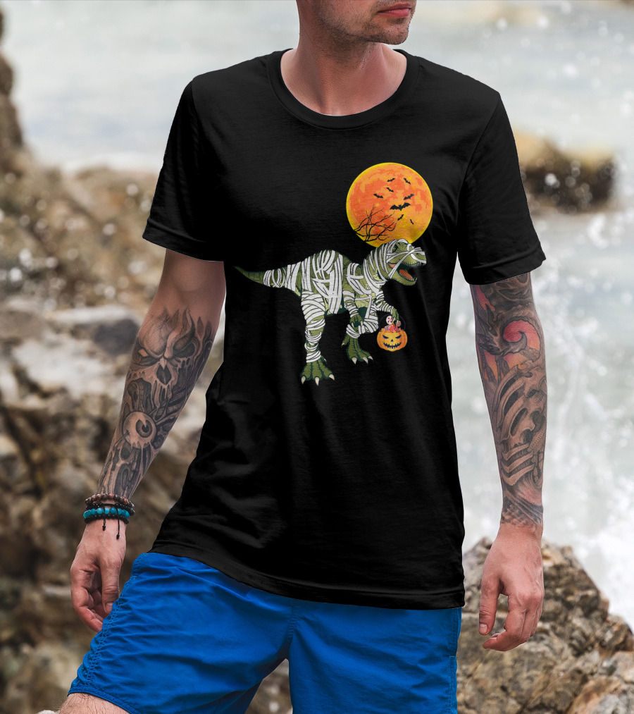 Dinosaur Halloween Mummy With Pumpkin And Full Moon Background T-Shirt