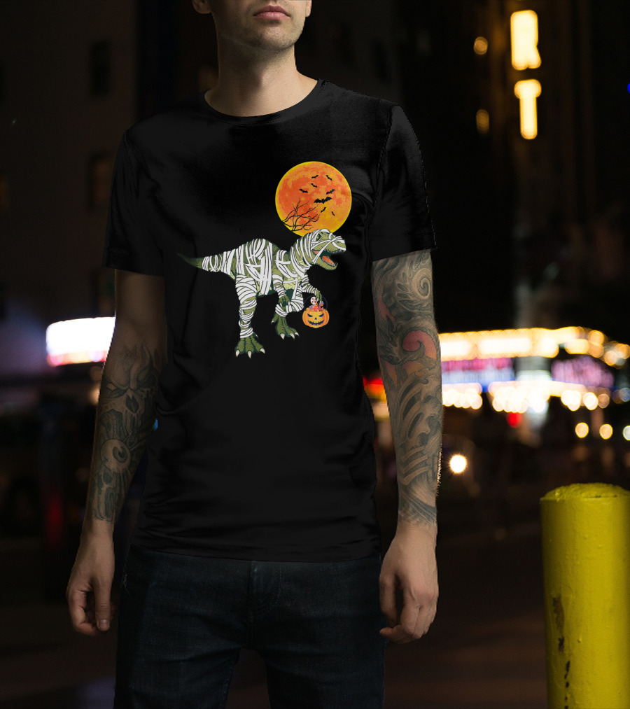 Dinosaur Halloween Mummy With Pumpkin And Full Moon Background T-Shirt