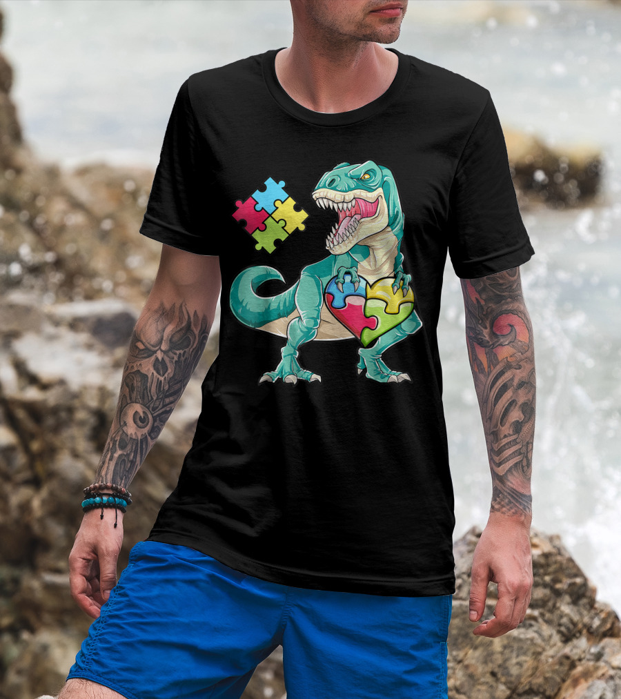 Dinosaur Holding Puzzle Heart Autism Awareness Boys T-Shirt