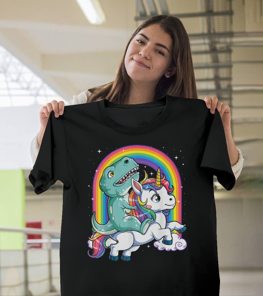 Dinosaur Riding Unicorn Rainbow Rex Sparkle Stars Fantasy T-Shirt