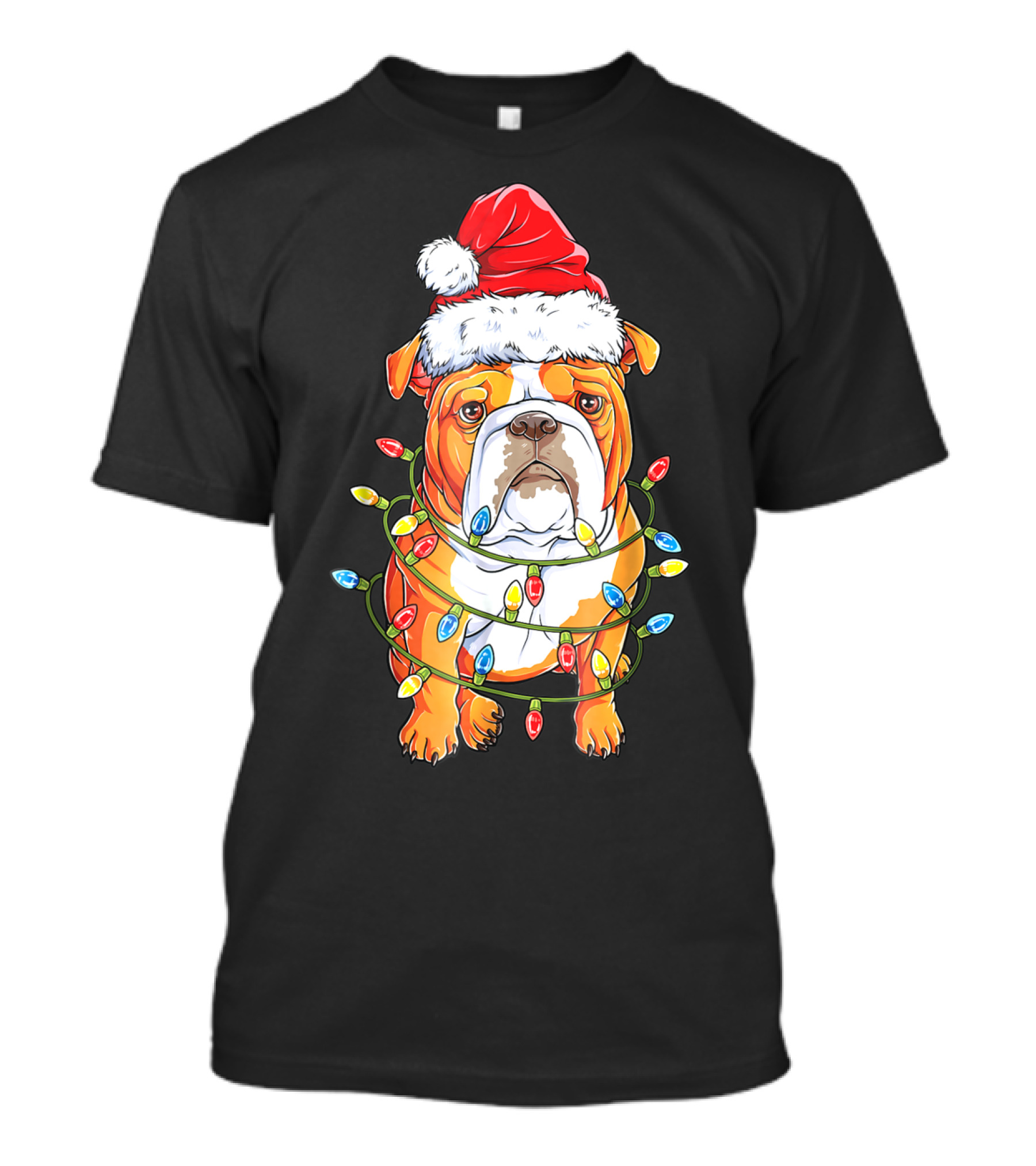 English Bulldog Santa Hat Wrapped In Christmas Lights Holiday Festive Fun T-Shirt