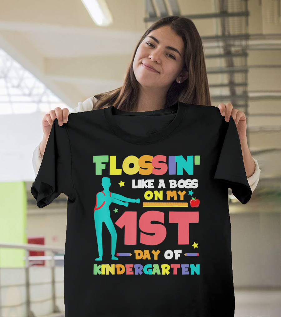 Flossin Like A Boss On My 1st Day Of Kindergarten With Silhouette and School Elements T-Shirt
