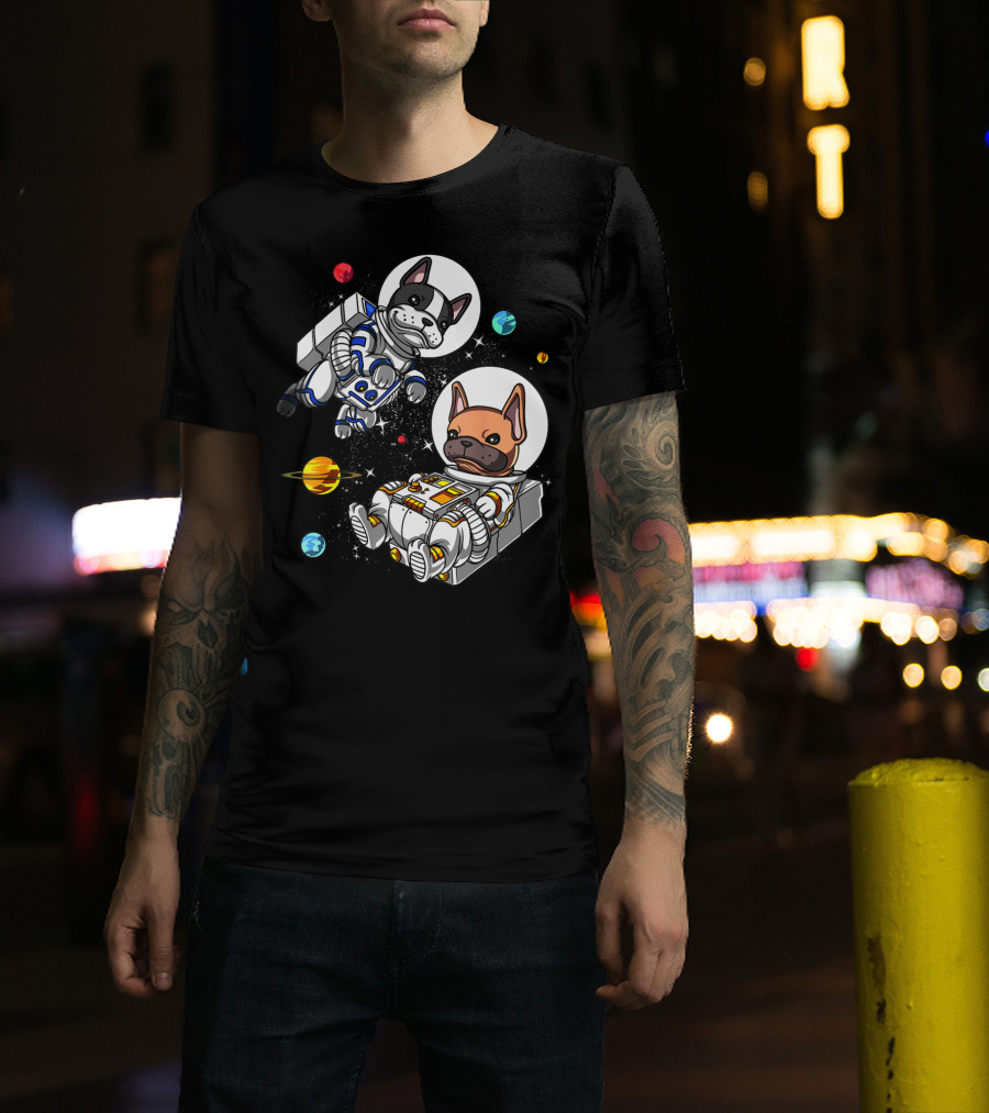French Bulldog Astronauts In Space With Planets And Stars T-Shirt