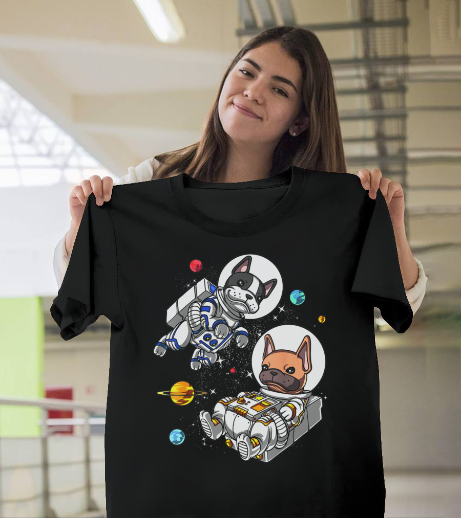 French Bulldog Astronauts In Space With Planets And Stars T-Shirt