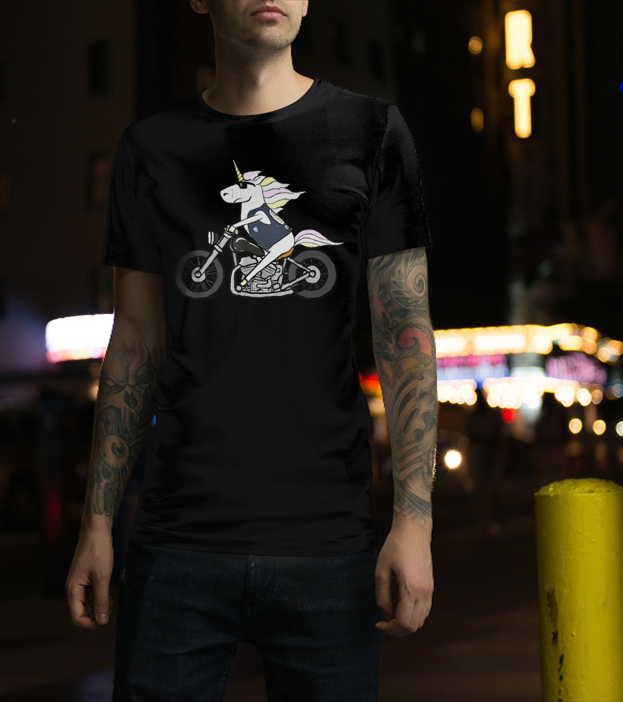 Funny Cool Unicorn Riding Motorcycle With Sunglasses T-Shirt