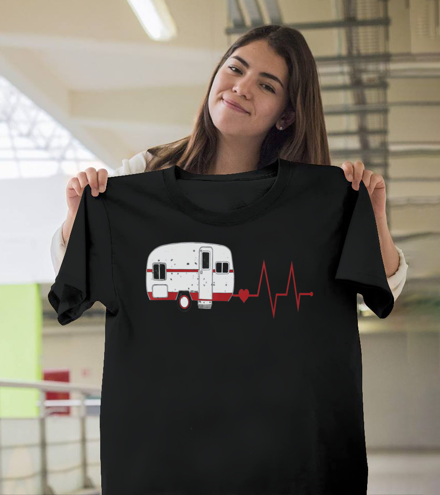 Funny Valentine's Day Camping Women Girls Heartbeat Camper T-Shirt
