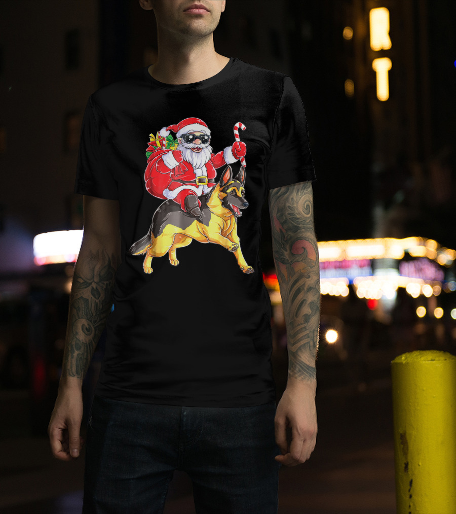 German Shepherd Woofmas With Santa Claus And Candy Cane T-Shirt