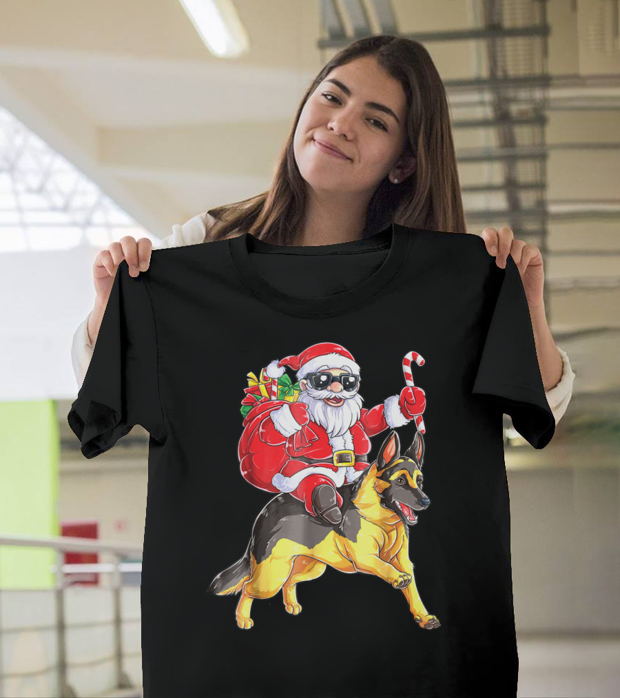 German Shepherd Woofmas with Santa Claus and Candy Cane T-Shirt