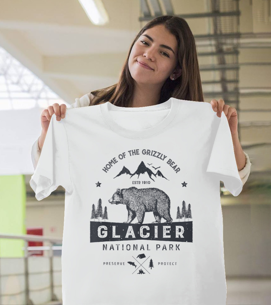 Home Of The Grizzly Bear Glacier National Park Montana Vintage Bear Preserve Protect T-Shirt