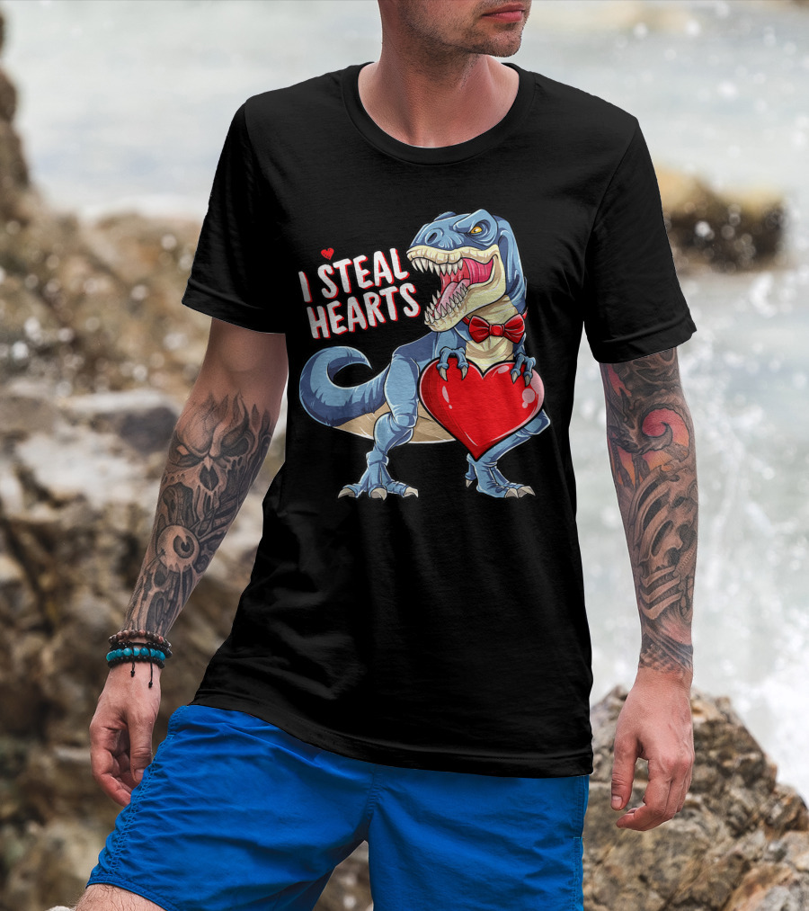 I Steal Hearts Dinosaur Rex Valentine's Day Red Bow Tie T-Shirt