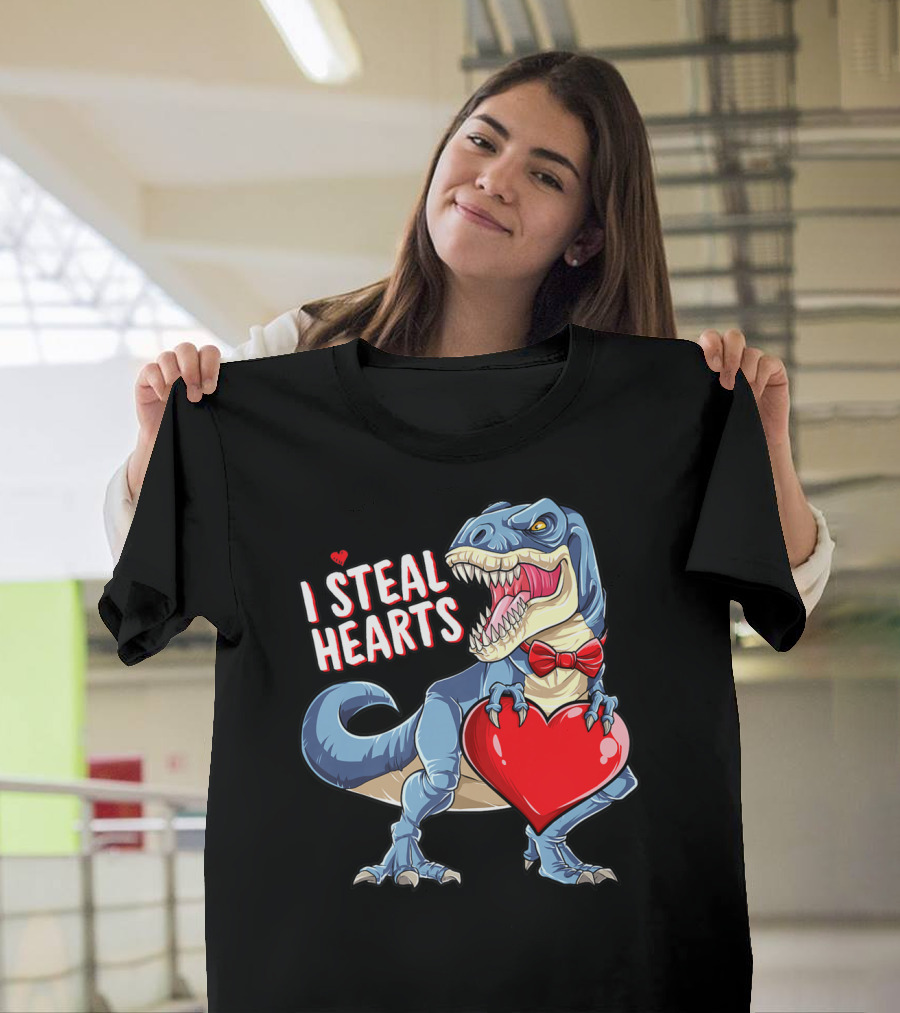 I Steal Hearts Dinosaur Rex Valentine's Day Red Bow Tie T-Shirt