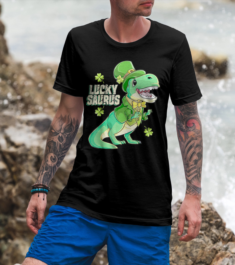 Luckysaurus Irish Dinosaur Leprechaun St Patricks Day Boys Rex T-Shirt