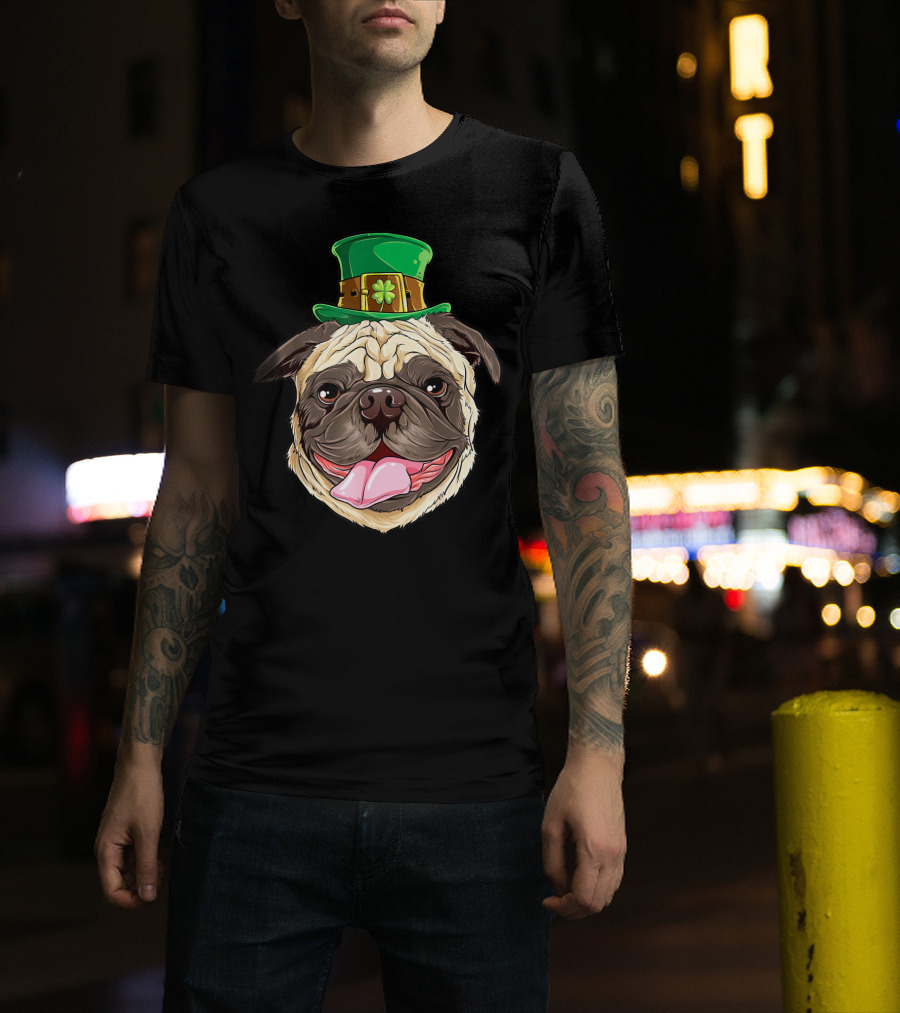Irish Pug Wearing Leprechaun Hat With Shamrock T-Shirt