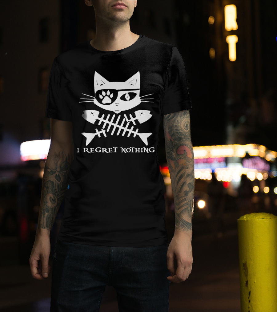 Jolly Roger Pirate Cat I Regret Nothing Skull Crossbones T-Shirt