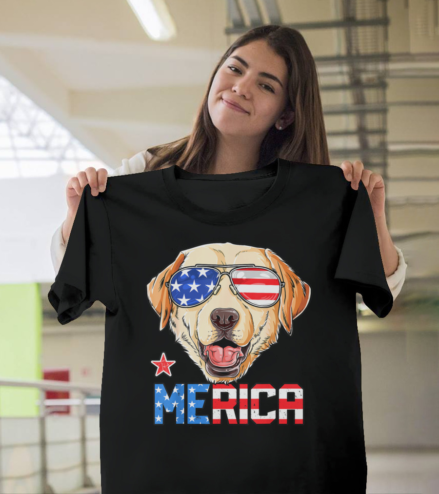 Labrador Dog Merica American Flag Sunglasses USA 4th Of July T-Shirt