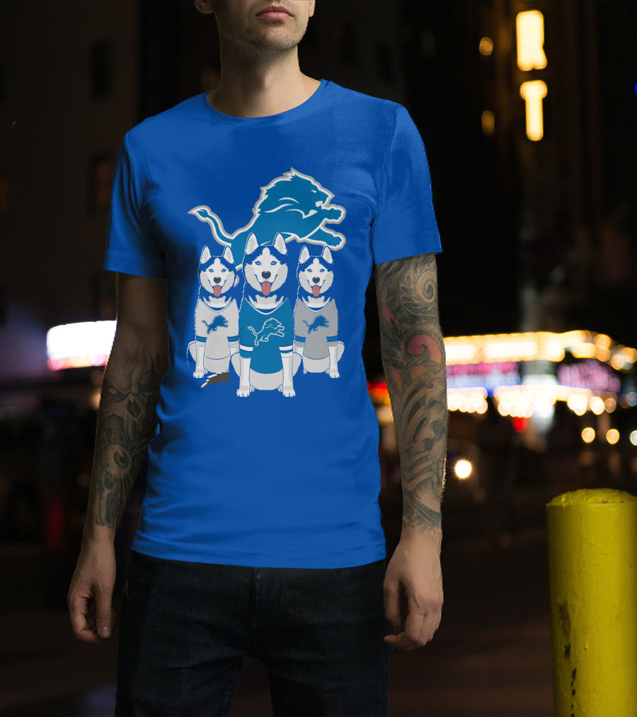 Detroit Lions Husky Trio With Iconic Blue Lion T-Shirt