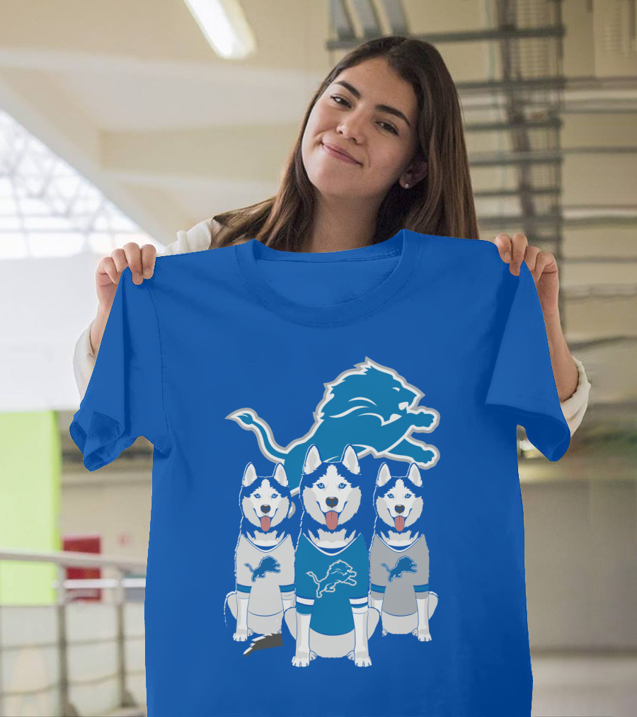 Detroit Lions Husky Trio With Iconic Blue Lion T-Shirt