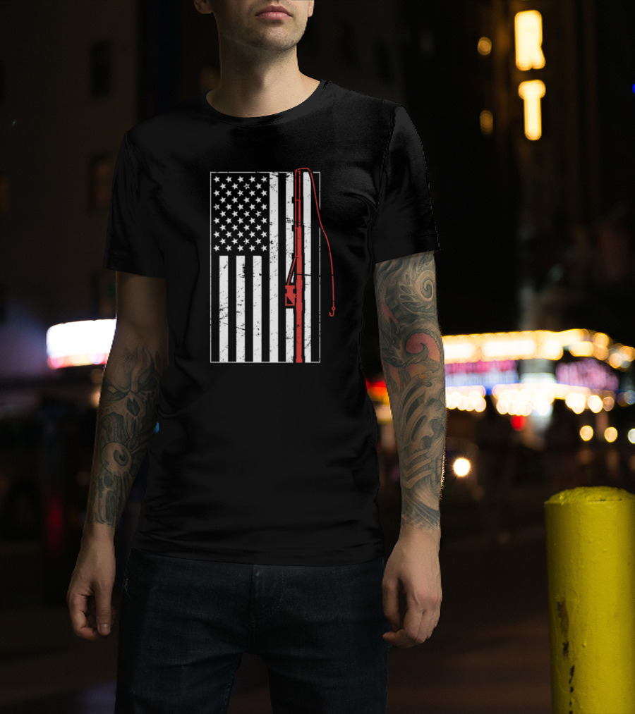 American Flag Distressed Fishing Rod T-Shirt